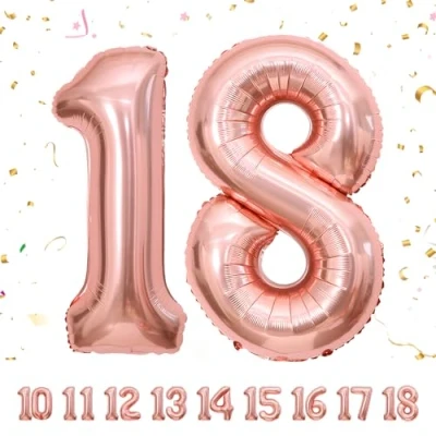 Afbeelding van Verjaardagsballonnen 18 jaar roségoud 101 cm verjaardagsdecoratie voor mannen en vrouwen jaar, opblaasbaar cijfer in beige film,