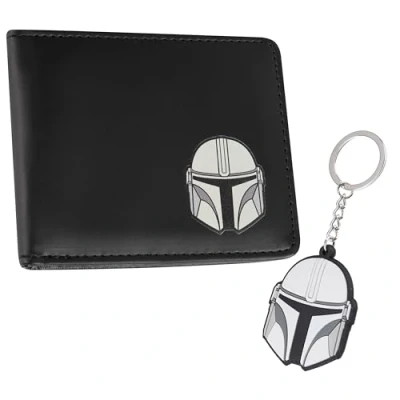 Afbeelding van The Mandalorian Herenportemonnee, geschenkdoos, portemonnee en sleutelhanger, fantasie, cadeau idee, Star Wars, heren, tieners, zwart.