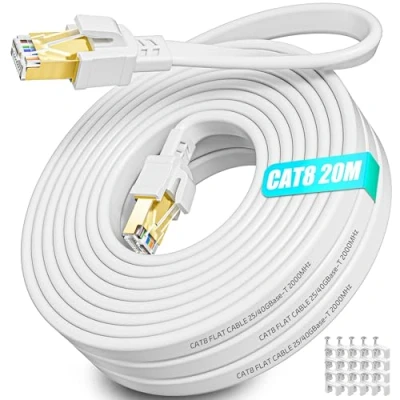Afbeelding van Platte breedband netwerkkabel, CAT 8, FTP, afgeschermd, 40 Gbit/s, 2000 MHz, RJ45, voor router, PS5/4, switch, modem, met 20 kabelclips, m, wit