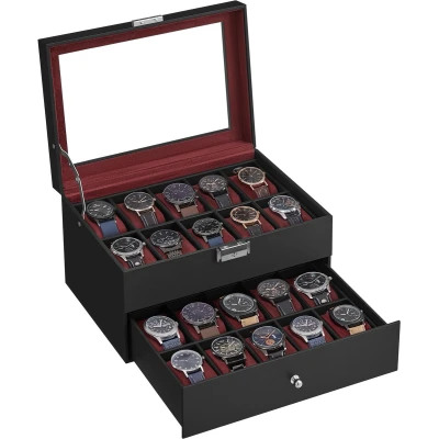 Afbeelding van SONGMICS Horlogedoos met glazen deksel 2 niveaus slot, 1 lade, voor ringen, armbanden, ideaal cadeau, Kunstleer, glas, kunstleer