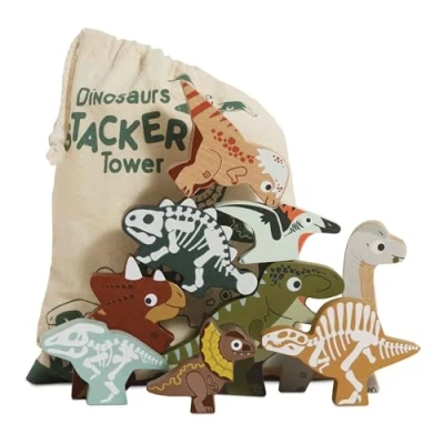 Afbeelding van Le Toy van Miniatuur dinosaurus figuur bouwspeelgoed 9 stuks stapelbare dieren FSC hout voor kinderen 18 maanden