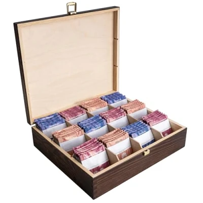 Image de Creative Deco Boite a The en Bois Marron 29 x 25 7,5 cm 12 Compartiments Cuisine