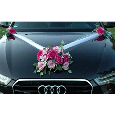 Afbeelding van Kanten autoboeket, autoversiering, bruidspaar, rozen, decoratie, huwelijk, auto, bruiloftsdecoratie (SS GER roze)