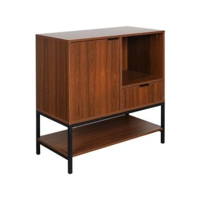 Afbeelding van sweeek Laag dressoir in walnootkleurig hout met zwart metalen poten en handgrepen