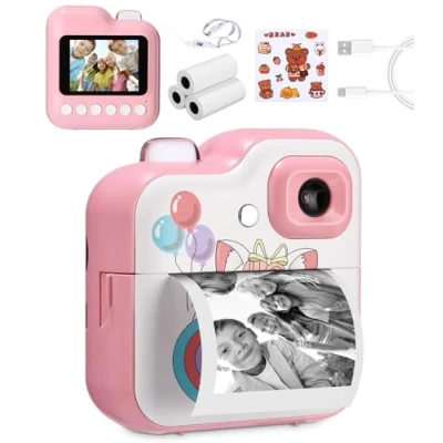 Afbeelding van Ixydor Instant kindercamera, 2,4 inch display, 1080p met 3 rollen printpapier en 32 GB kaart, kerstcadeau voor jongens meisjes van tot 12 jaar, roze