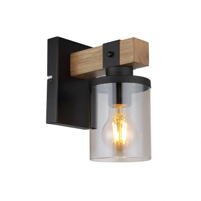 Afbeelding van Wandlamp Lila met hout dwarsarm en glazen kap