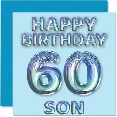 Afbeelding van Verjaardagskaart voor zoon 60 jaar, blauwe glitterballonnen, verjaardagskaarten jarige van mama en papa, 145 mm x