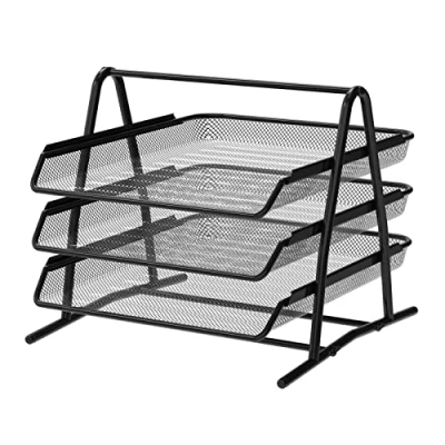 Afbeelding van Detectalia Bureau en documentenorganizer, 3 niveaus, zwart, A4 map, bureaubox, mappen, computertafel, lade organizer, metalen mesh materiaal, zwart