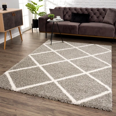Afbeelding van Madrid Shaggy Geruit Vloerkleed Grijs Hoogpolig 200x290 cm