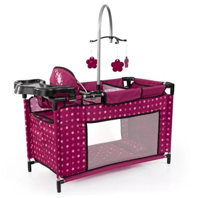 Afbeelding van Poppenbed met geïntegreerde kinderstoel, kastcompartiment, mobiel, kussen, dekbed, poppenaccessoires in bordeaux