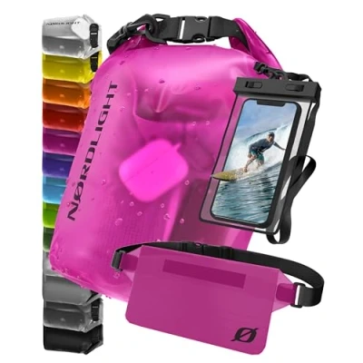 Afbeelding van waterdichte tas met waterdicht telefoonzakje en heuptas, roze, 20 l, IPX8 rolsluiting. Zwemmen, varen, strand, stand up peddel