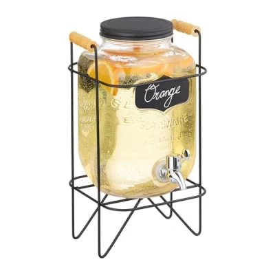 Afbeelding van Relaxdays drankdispenser met houder 4 liter glas kraantje label handgrepen