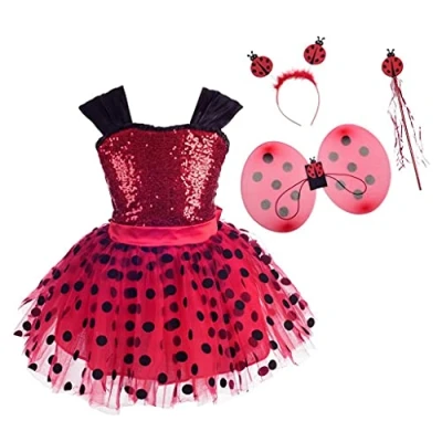 Afbeelding van Lito Angels Ladybug Lieveheersbeestje kostuum voor meisjes, met vleugels en accessoires kinderen, tule jurk rode zwarte stippen, maat 8 9 jaar