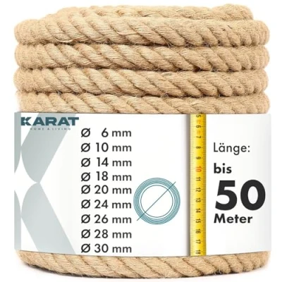 Afbeelding van KARAT Jute touw, 100% natuurlijk, extra sterk, voor sport, tuindecoratie, knutselen, krabpaal (50 m, Ø 6 mm)