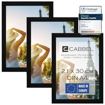 Afbeelding van CABBEL Set van 3 fotolijsten, A4 formaat, mdf fotolijst met onbreekbaar acrylglas, ideaal voor collages, portretten en certificaten in zwart, 21 x 30 cm