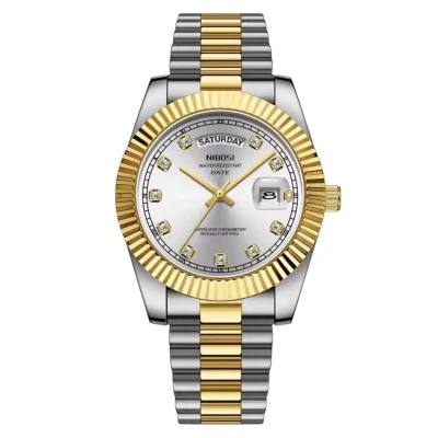 Afbeelding van Mpariz Luxe Herenhorloge Polshorloge Heren Cadeau Horloge Geschenkdoos Mannen Zilver Goud Parelmoer Wit RVS Diamant