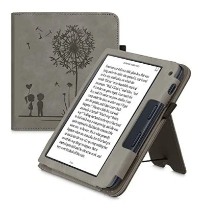 Afbeelding van kwmobile E reader hoesje geschikt voor Kobo Libra 2 hoes flip case van kunstleer Ereader cover met stand Paardenbloemen Liefde design in grijs