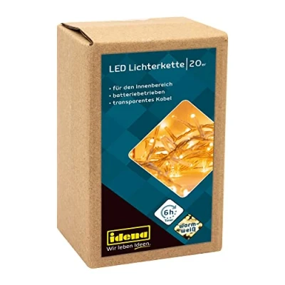 Afbeelding van Idena 8582052 Lichtsnoer met 20 leds in warm wit, 6 uur timer, werkt op batterijen, voor binnen, als decoratie feestjes, Kerstmis, bruiloften