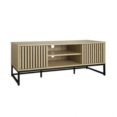 Afbeelding van sweeek Tv meubel met gegroefd houtdecor en zwart metalen onderstel, druksysteem l 120