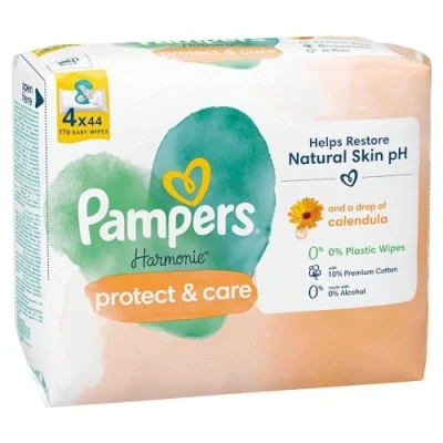 Afbeelding van Pampers Harmonie Protect &amp; Care Hydraterende doekjes voor kinderen, 176 stuks (4 x 44), helpt de natuurlijke pH waarde van huid te behouden, met calendula extract