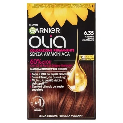 Afbeelding van Garnier Olia Haarverf, permanente haarkleuring zonder ammoniak, delicate geur, dekt 100% van het witte haar, bloemolie natuurlijke oorsprong, veganistische formule, lichtbruin chocolade