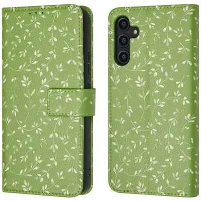 Afbeelding van iMoshion Hoesje Geschikt voor Samsung Galaxy A14 (4G) / (5G) Met Pasjeshouder Design Bookcase smartphone Groen Green Flowers