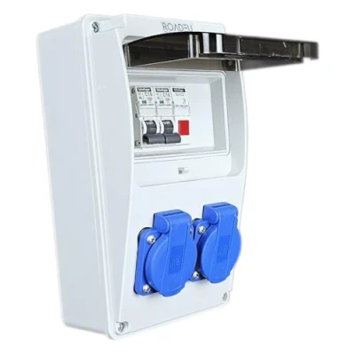 Afbeelding van RoadEu Stroomverdeler 230 V Bouwstroomonderbreker 2 x stopcontacten met schakelaars en rode LED indicator Stopcontactverdeler stroomonderbreker C 16A Bedraad