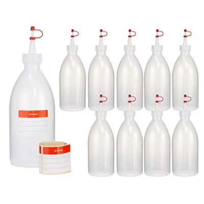 Afbeelding van 10 x kunststof flessen, 500 ml, LDPE, naturel, G25, druppelstop, rode bevestigingsriem en dop