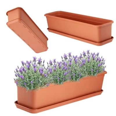 Afbeelding van KADAX plantenbak met onderzetter, balkonbak van kunststof, voor binnen en buiten, bloempot balkon, terras, vensterbank (60 cm, terracotta)