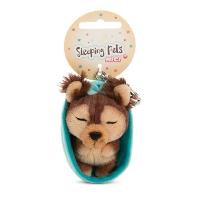 Afbeelding van NICI sleutelhanger Sleeping Pets Yorkshire Terrier 8cm in mandje bruin Trouwe metgezel voor rugzak of tas, klein en groot 61605
