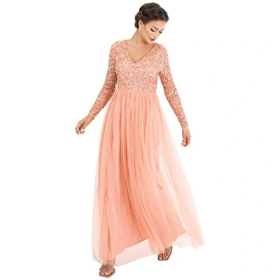 Image de Maya Deluxe Robe à manches longues pour femme Col en V Taille haute de bal fin d&#039;année, abricot, 54