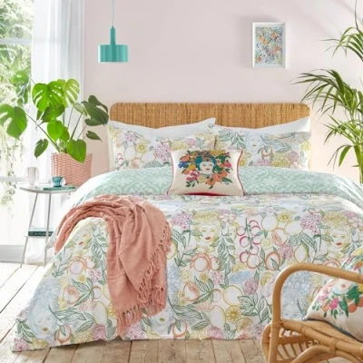 Afbeelding van Furn Home + Style Taormina Dutvet Cover set 2 persoon dekbedovertrek met frisse groene print 200 x cm incl. kussensloop