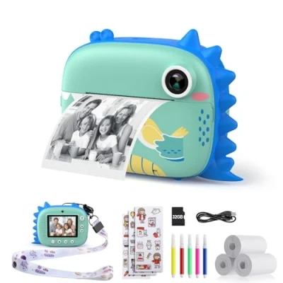 Afbeelding van HiMont Instant digitale camera voor kinderen met printpapier en 32G TF kaart, videocamera kleurrijke pennen fotoclips om te knutselen, cadeau van 3 tot 14 jaar