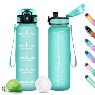 Afbeelding van bouteille d&#039;eau 500 ml, avec filtre, anti fuite, pour enfants, de sport indicateur du temps motivation, salle sport, camping