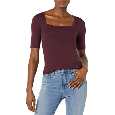Image de Amazon Essentials T Shirt Ajusté à Manches Mi Longues et Col Carré Women&#039;s, Bordeaux, XS