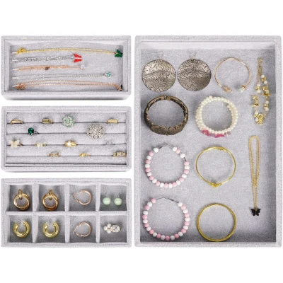 Afbeelding van Belle Vous Grijs Velours Stapelbare Sieraden Organizer Opslag Bakken (4 Pak) 35,3 x 24,2 cm Lade Display Dozen Verwijderbare Secties Voor Kettingen, Ringen, Armbanden &amp; Oorbellen