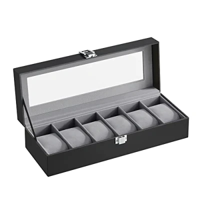 Afbeelding van Horlogedoos voor 6 horloges, horlogekast met glazen deksel, horlogekussen van fluweel, gleuf, 11.2 x 30 8 cm, cadeau idee, PU bekleding in Zwart, fluwelen voering grijs JWB06BK