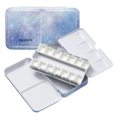 Afbeelding van MEEDEN Zakleeg aquarelpalet: metalen aquareldoos voor op reis met 12 halve containers draagbaar schilderpalet kunstenaars en schilderliefhebbers