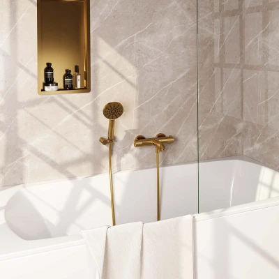 Afbeelding van Brauer Gold carving Badkraan douchegarnituur handdouche rond 3 standen knop PVD geborsteld goud
