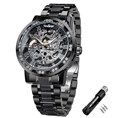 Afbeelding van FORSINING Winner Herenhorloge, retro diamant, gebeeldhouwde bloem, handmatig mechanisch skelethorloge, klassiek, Romeinse cijfers, zwart.