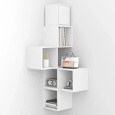 Afbeelding van WOLTU Hangend hoekrek met 6 opbergvakken, zwevende plank, kubusrek, plank deur, modern, voor woonkamer, hout