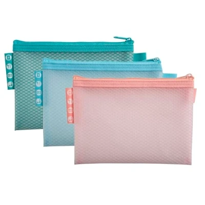 Image de Exacompta Réf. 37120E Paquet de 3 pochettes EVA à fermeture éclair en plastique souple format classer A6 Pour ranger des fournitures, accessoires beauté couleurs assorties