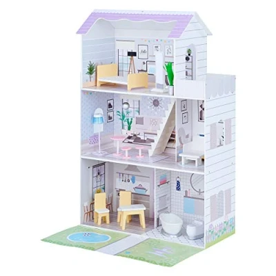 Afbeelding van Teamson Kids Groot 3 Niveau Houten Poppenhuis Voor 12&quot; Poppen &amp; Inrichting Kinderspeelgoed Wit/Purper
