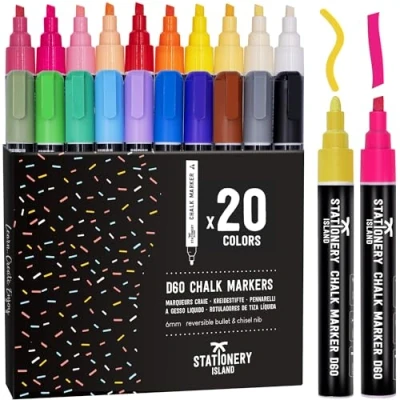 Afbeelding van STATIONERY ISLAND 20 krijtstiften voor krijtbord, omkeerbare punt, 6 mm, uitwisbare en wasbare vloeibare ramen glas