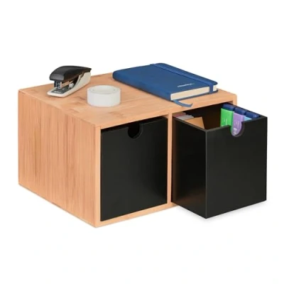 Afbeelding van Relaxdays bureau organizer met 2 lades opbergbak desk bamboe pennen