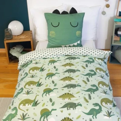 Afbeelding van CÔTE DECO Beddengoed 140 x 200 cm voor kinderen, dekbedovertrek + 1 kussensloop 63 cm, motief leeuw, geel en groen, van microvezel