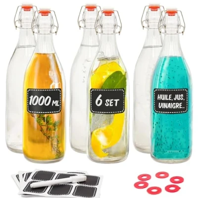 Afbeelding van Praknu 6 glazen flessen met beugelsluiting, 1000 ml, extra afdichtingen, 12 etiketten pen