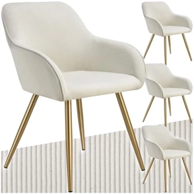 Afbeelding van tectake® Stoel Gestoffeerde woonkamerstoel met cordlook/ribstof Designstoel, loungestoel Draagvermogen tot 120kg Set van 4 Div kleuren creme/goud