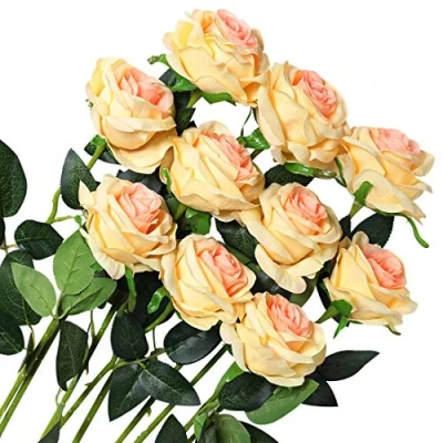 Afbeelding van Veryhome 10 stuks kunstrozen, zijden bloemen, kunstboeketten voor de decoratie van bruiloft, huis, feest, verjaardag, tuindecoratie (champagne bloeiende rozen)