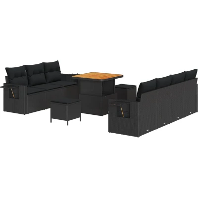 Afbeelding van vidaXL 10 delige Tuin Sofa Set met Kussens Zwart Poly Rattan Acacia, 3 Eet Acacia
